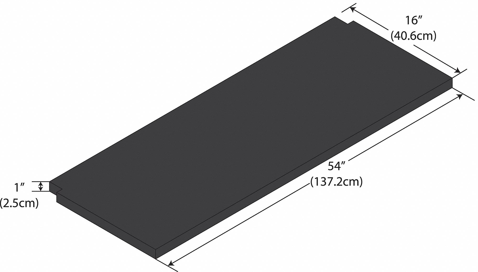 Notched Shelf: 16 in Overall Lg, 4 1/2 ft Overall Wd, 1 in Overall Ht, Phenolic, Black, 11 Gauge
