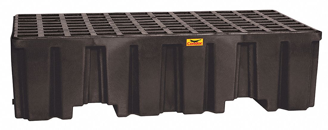 SPILL PALLET, 2 DRUMS, DURABLE, 66 GAL SPILL CAP, BLACK, 26 1/4 X 51 X 13 3/4 IN, POLYETHYLENE