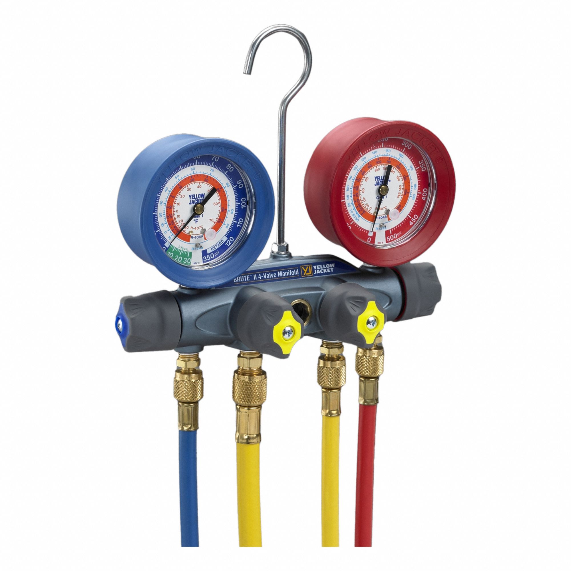 Manifold Gauge: 4 Valves, Series BRUTE II, 3 1/8 in Gauge, For R-134A/R-22/R-404A