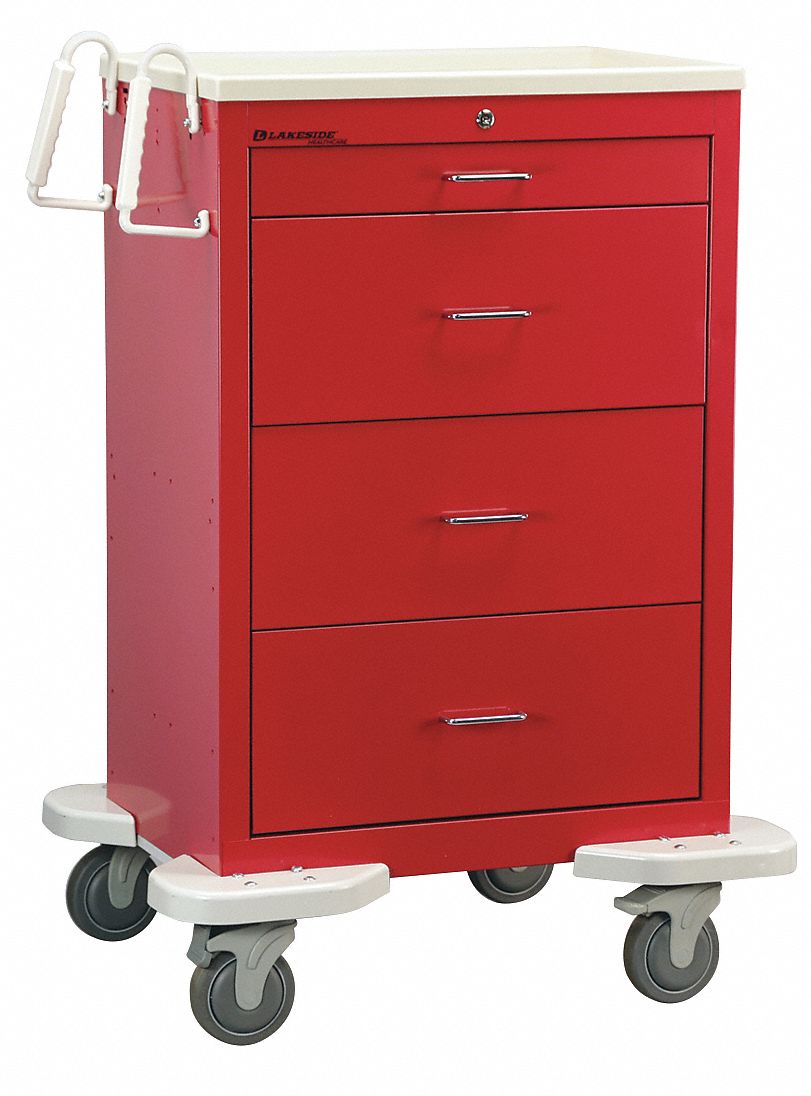 General Medical Supply Cart with Drawers: Steel, (2) Swivel/(2) Swivel with Brake, Red, Red