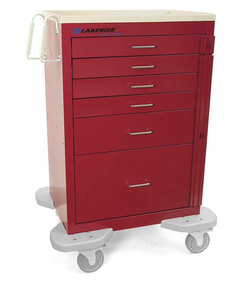 General Medical Supply Cart with Drawers: Steel, (2) Swivel/(2) Swivel with Brake, Red, Red