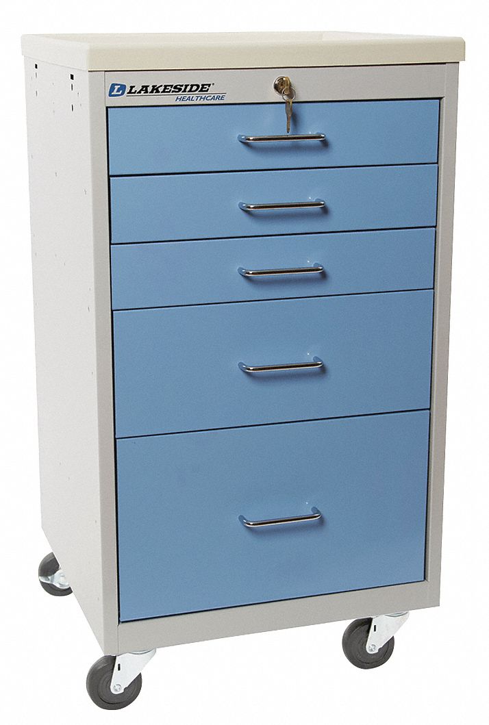Compact General Medical Supply Cart with Drawers: Steel, (2) Swivel/(2) Swivel with Brake
