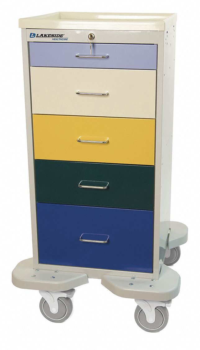 Compact General Medical Supply Cart with Drawers: Steel, (2) Swivel/(2) Swivel with Brake