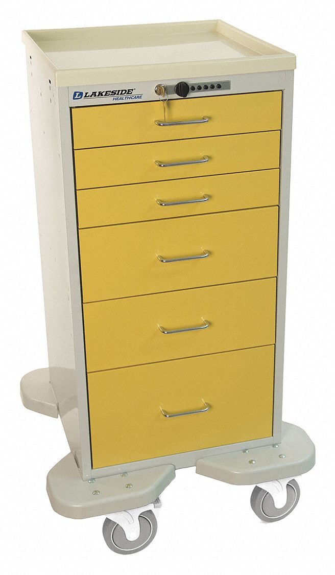 Compact General Medical Supply Cart with Drawers: Steel, (2) Swivel/(2) Swivel with Brake