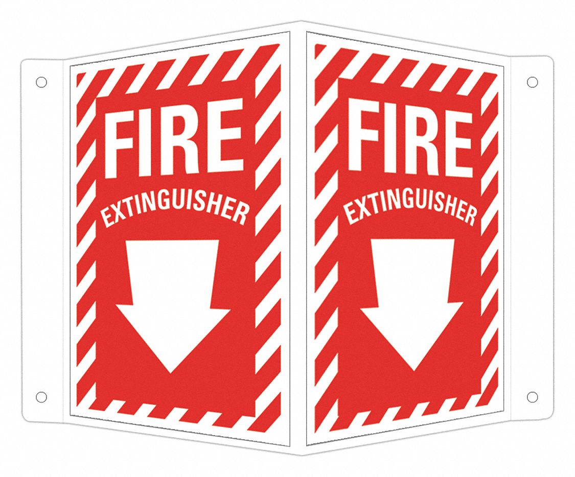 FIRE EXTINGUISHER SIGN, ALUMINUM, MOUNTING HOLES, 6 IN X 7½ IN NOMINAL SIGN SIZE, FIRE EXTINGUISHER (W DOWN ARROW)
