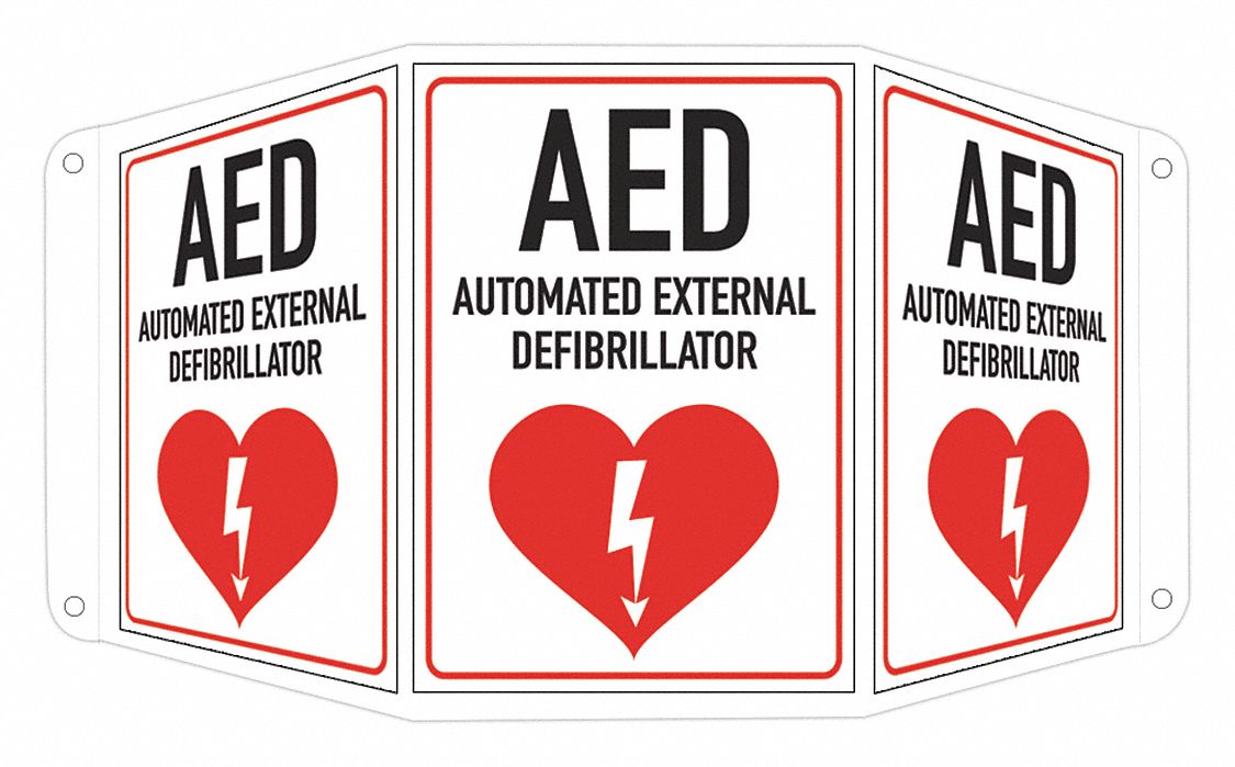 SAFETY SIGN, ALUMINUM, MOUNTING HOLES, 10 IN X 17½ IN NOMINAL SIGN SIZE, AED AUTOMATED EXTERNAL DEFIBRILLATOR