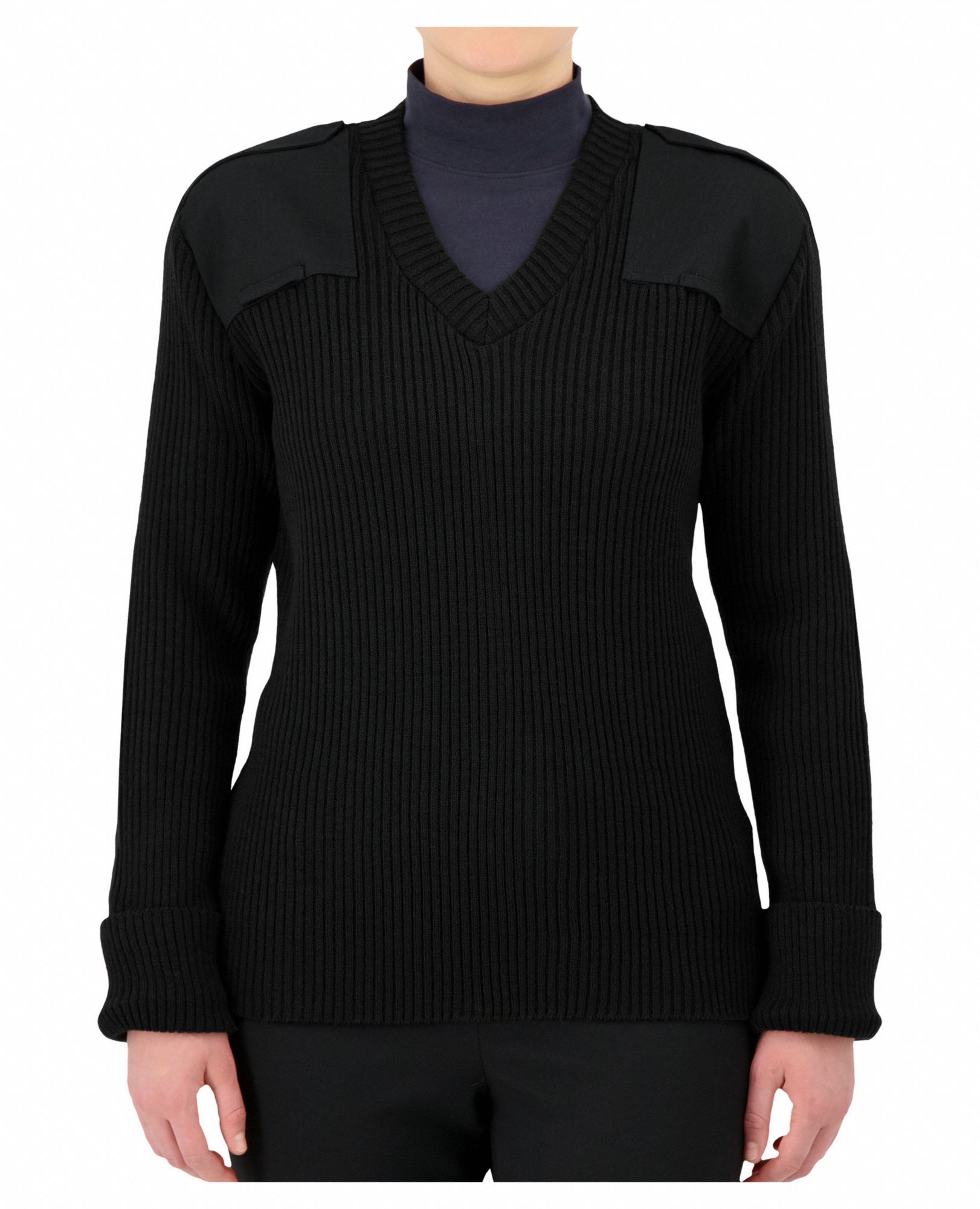 V-Neck Military Sweater: L, 46 in Fits Chest Size, Black, 100% Acrylic Material