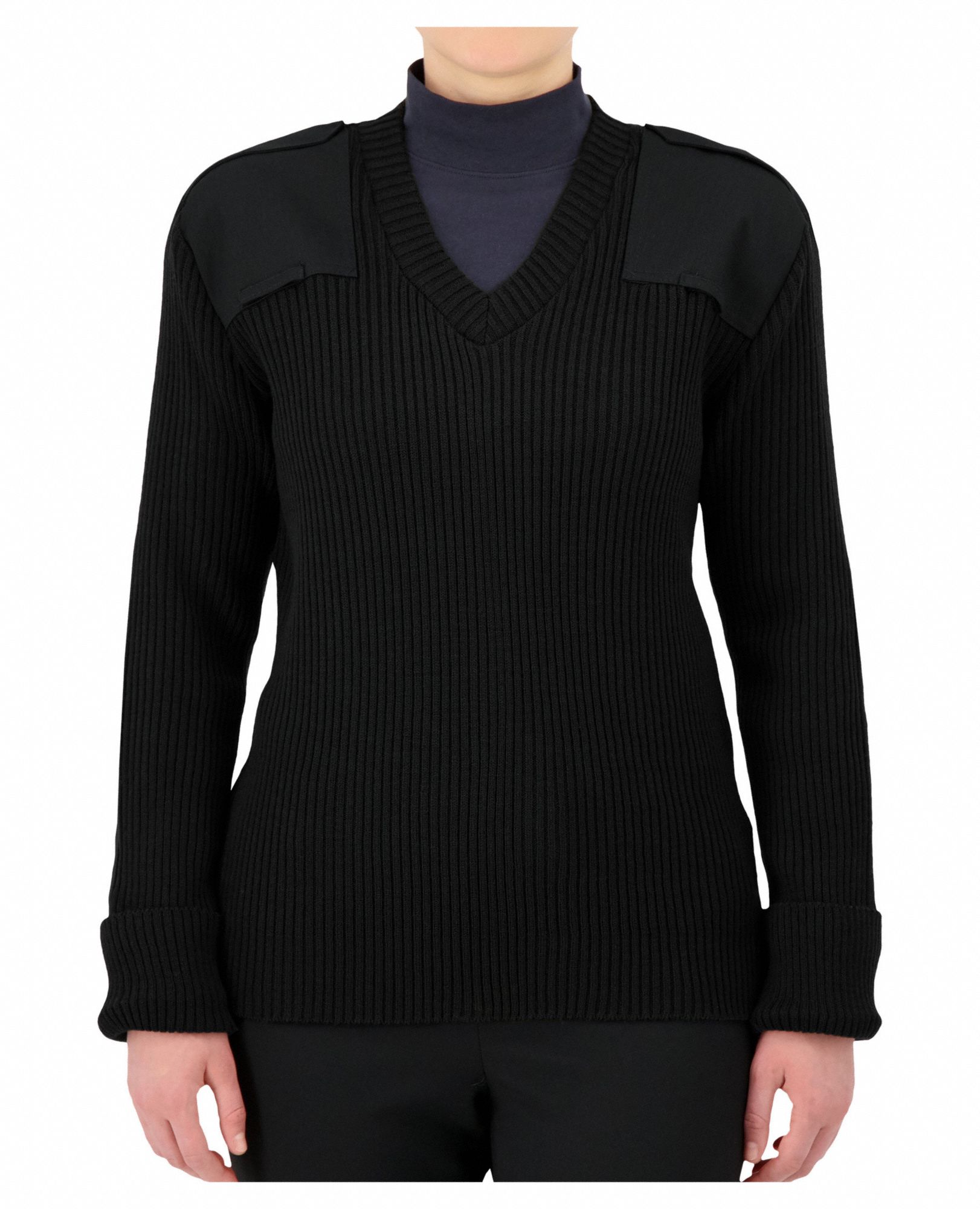 V-Neck Military Sweater, Black, 2XL