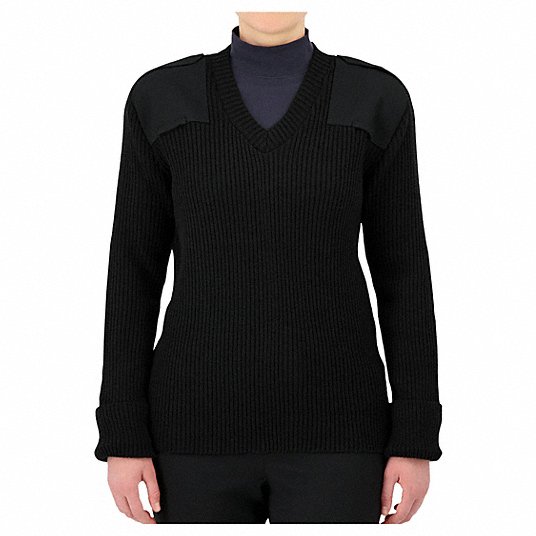 V-Neck Military Sweater: XL, 49 in Fits Chest Size, Black, 100% Acrylic Material, 29 in Lg