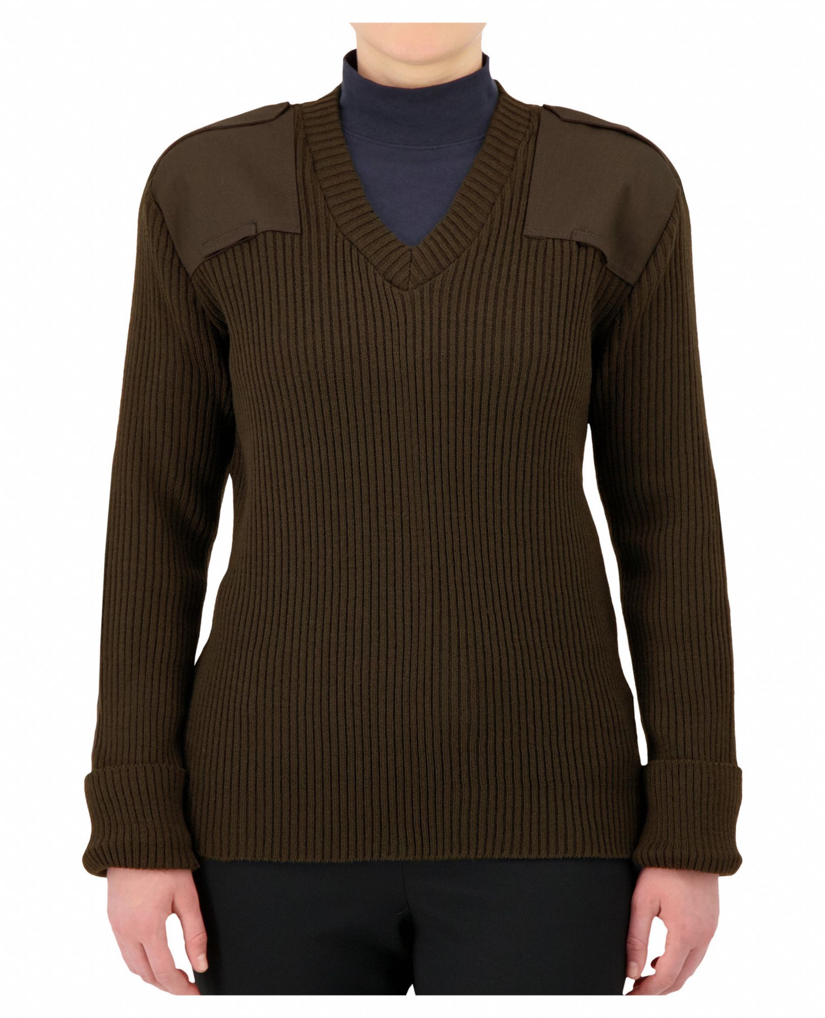 V-Neck Military Sweater: XS, 38 in Fits Chest Size, Brown, 100% Acrylic Material