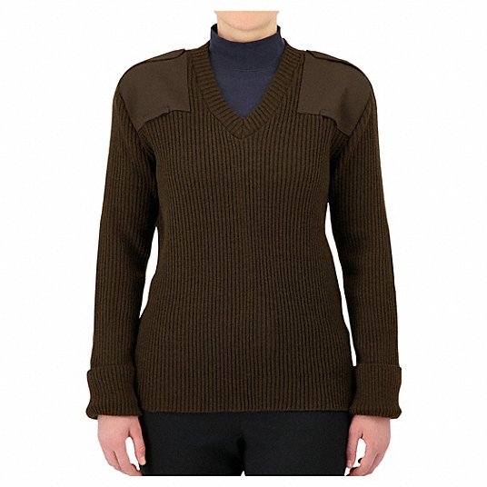 V-Neck Military Sweater: XS, 38 in Fits Chest Size, Brown, 100% Acrylic Material