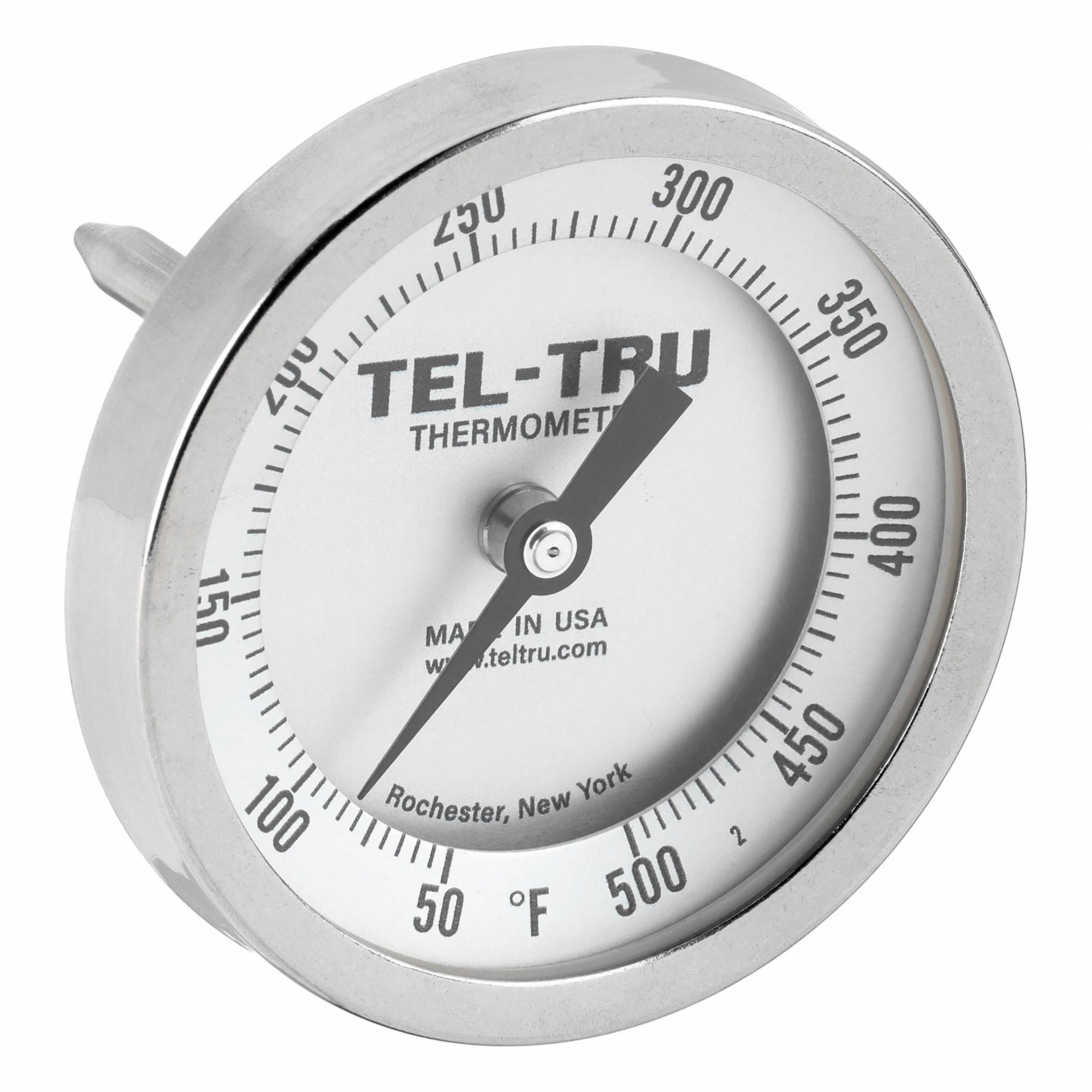 Dial Thermometer: 50°F to 500°F, +/- 1% Accuracy, 2.5 in Stem Lg, Fahrenheit