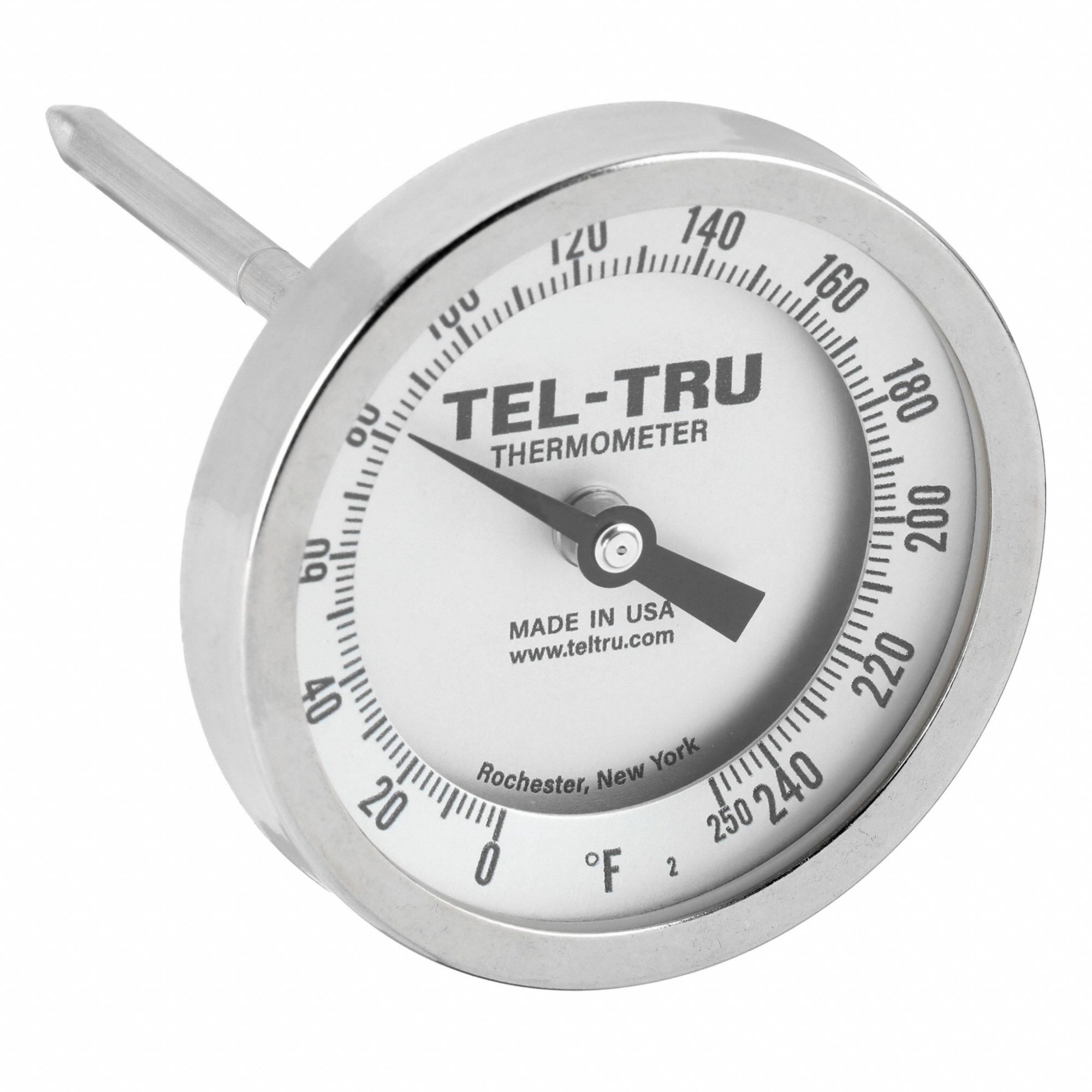 Dial Thermometer: 0°F to 250°F, +/- 1% Accuracy, 4 in Stem Lg, Fahrenheit