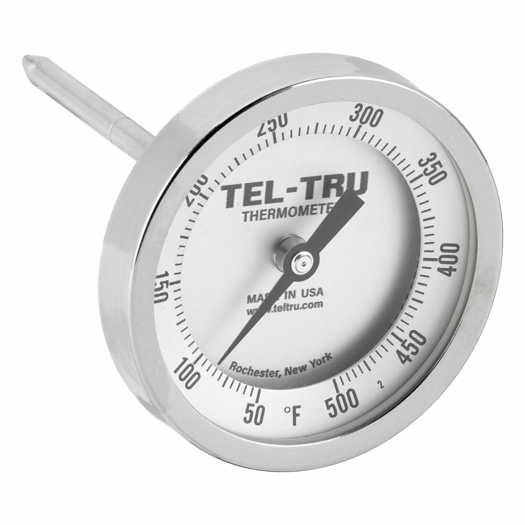 Dial Thermometer: 50°F to 500°F, +/- 1% Accuracy, 4 in Stem Lg, Fahrenheit