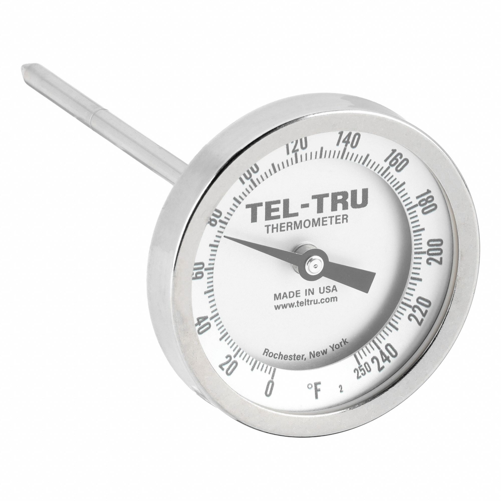 Dial Thermometer: 0°F to 250°F, +/- 1% Accuracy, 6 in Stem Lg, Fahrenheit