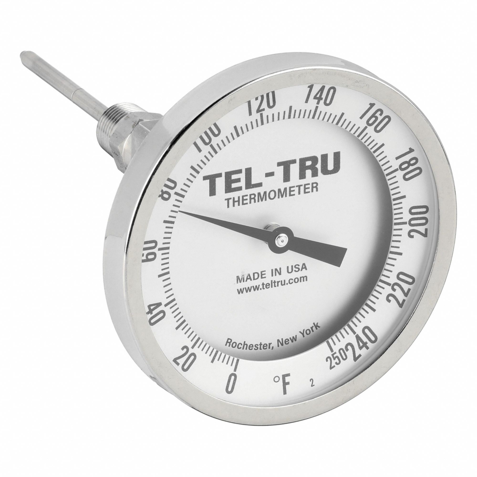 Dial Thermometer: 0°F to 250°F, +/- 1% Accuracy, 4 in Stem Lg, Fahrenheit