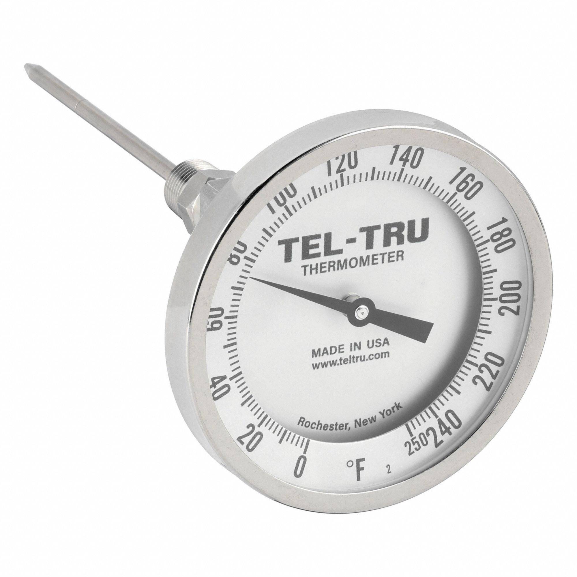 Dial Thermometer: 0°F to 250°F, +/- 1% Accuracy, 6 in Stem Lg, Fahrenheit