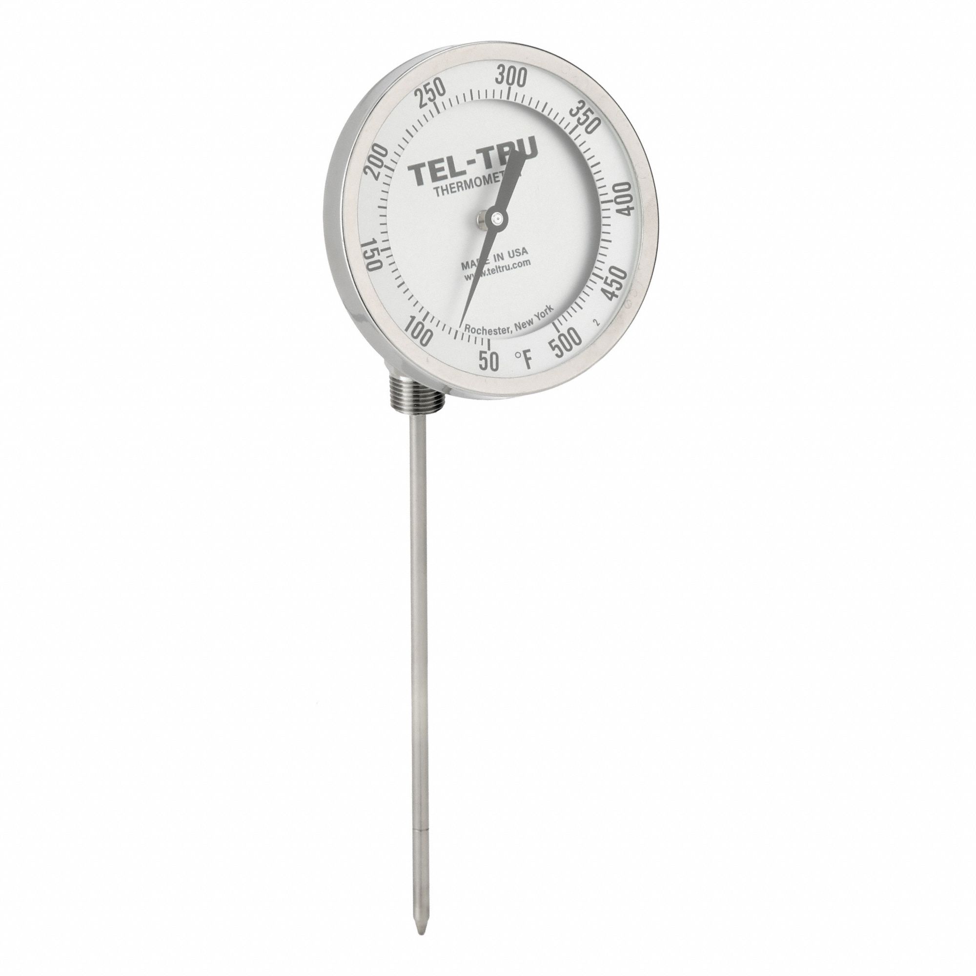Dial Thermometer: 50°F to 500°F, +/- 1% Accuracy, 9 in Stem Lg, Fahrenheit