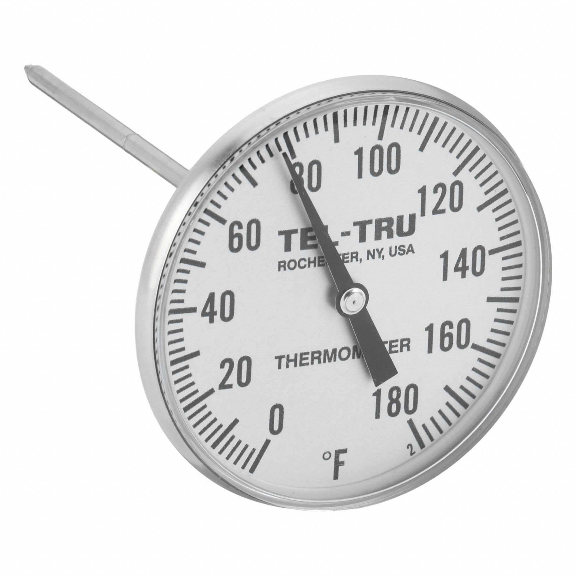 Clip On Thermometer: 0°F to 180°F, +/- 1% Accuracy, 5 in Stem Lg, Fahrenheit