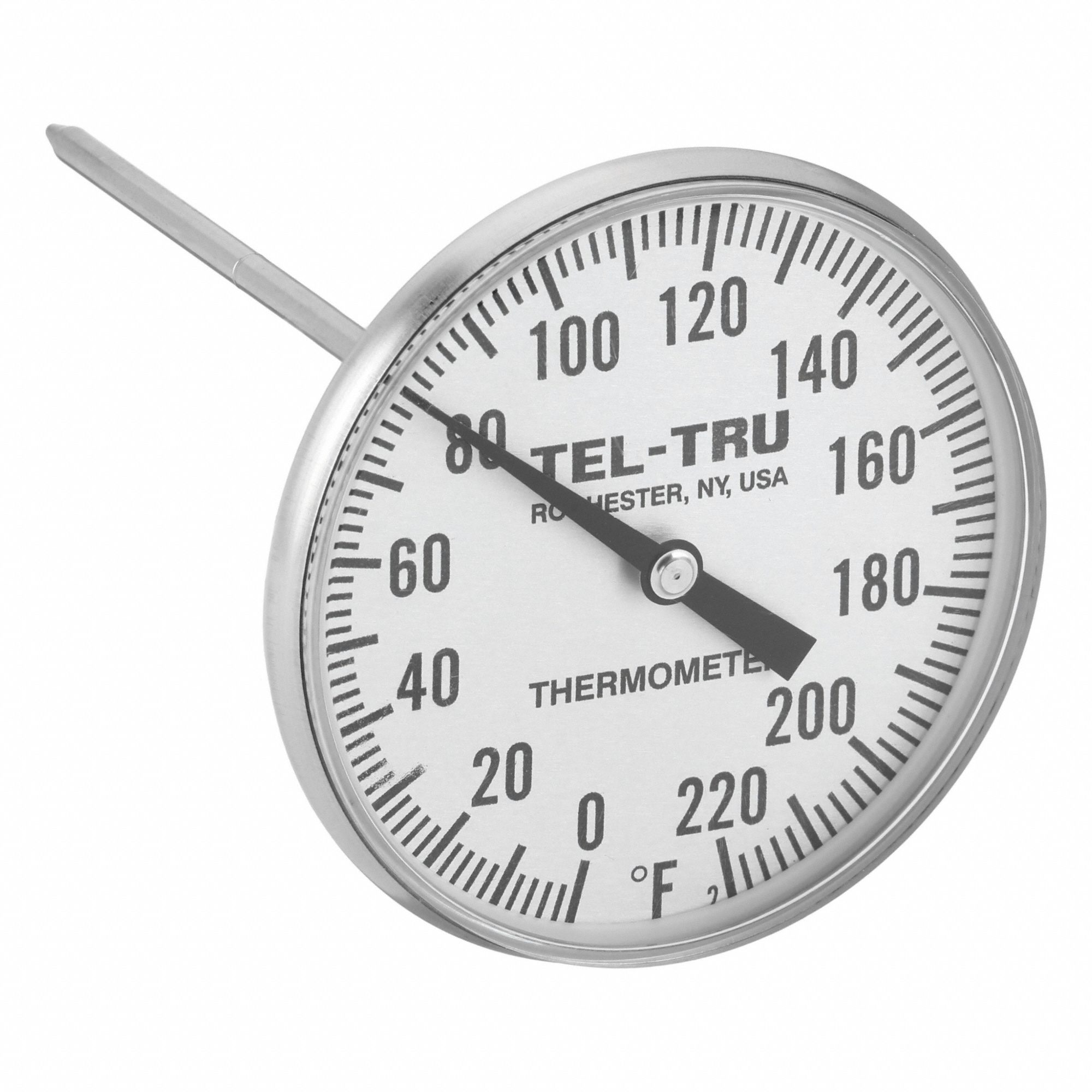 Clip On Thermometer: 0°F to 220°F, +/- 1% Accuracy, 5 in Stem Lg, Fahrenheit