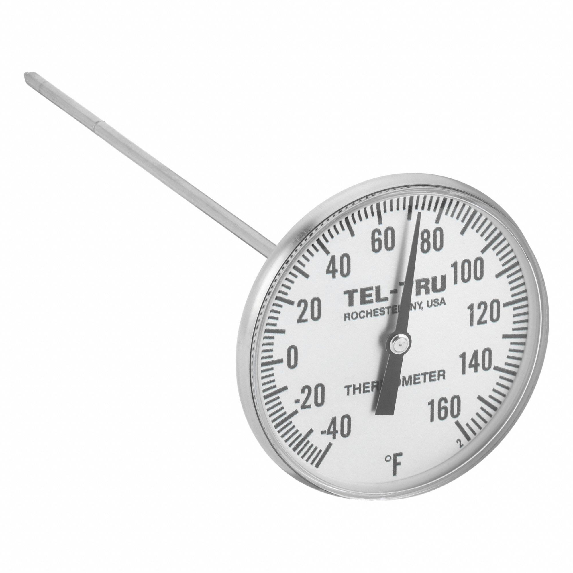 Clip On Thermometer: -40°F to 160°F, +/- 1% Accuracy, 8 in Stem Lg, Fahrenheit