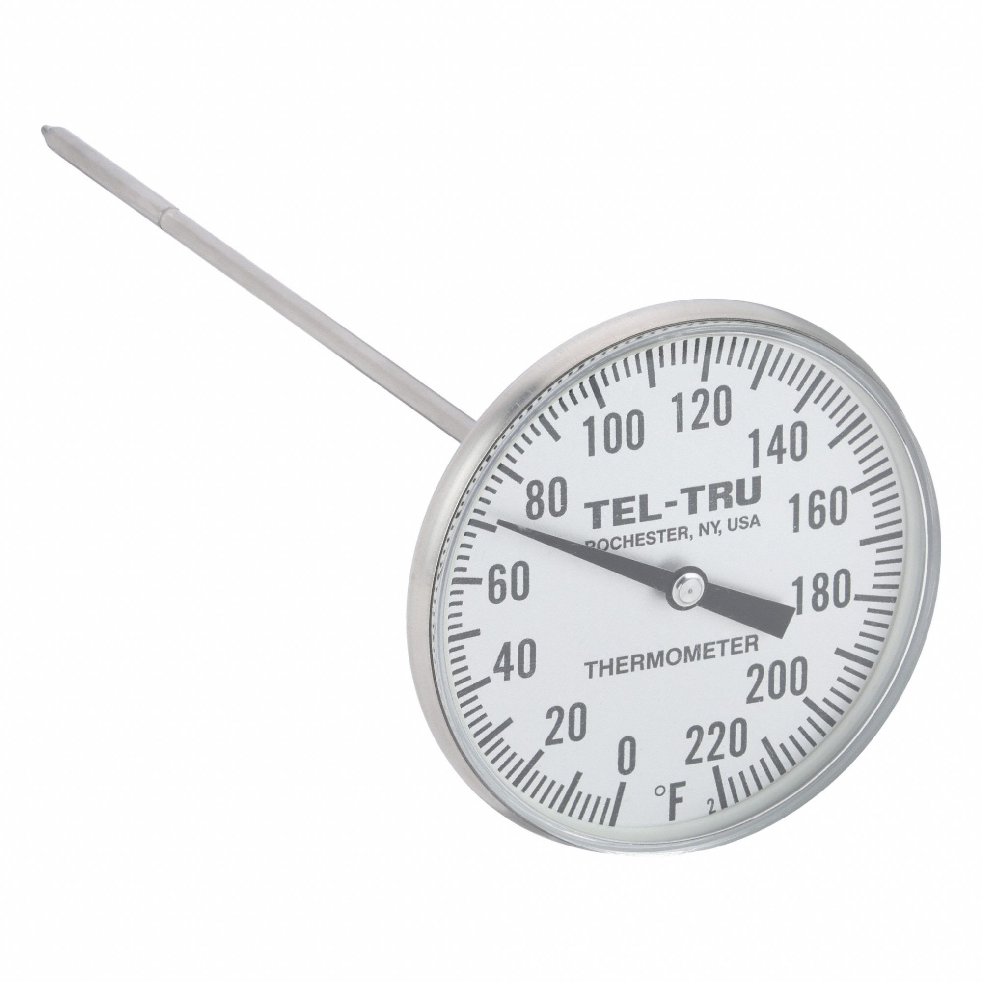 Clip On Thermometer: 0°F to 220°F, +/- 1% Accuracy, 8 in Stem Lg, Fahrenheit