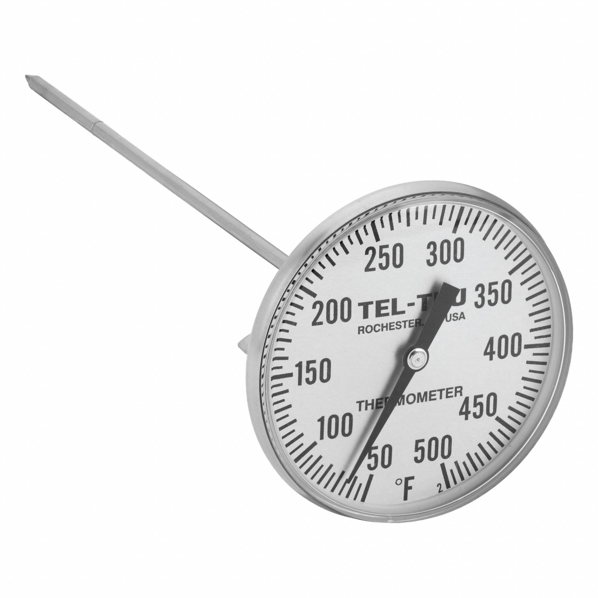 Clip On Thermometer: 50°F to 500°F, +/- 1% Accuracy, 8 in Stem Lg, Fahrenheit