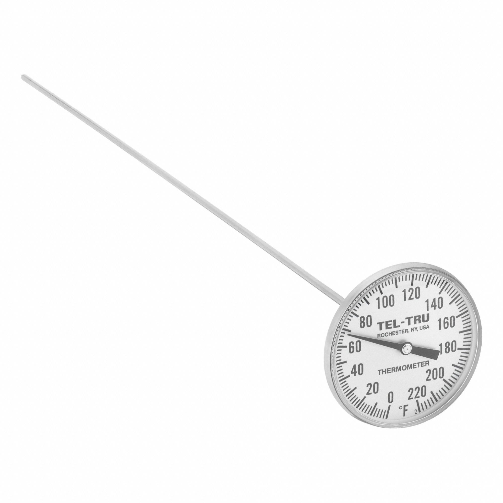 Clip On Thermometer: 0°F to 220°F, +/- 1% Accuracy, 18 in Stem Lg, Fahrenheit