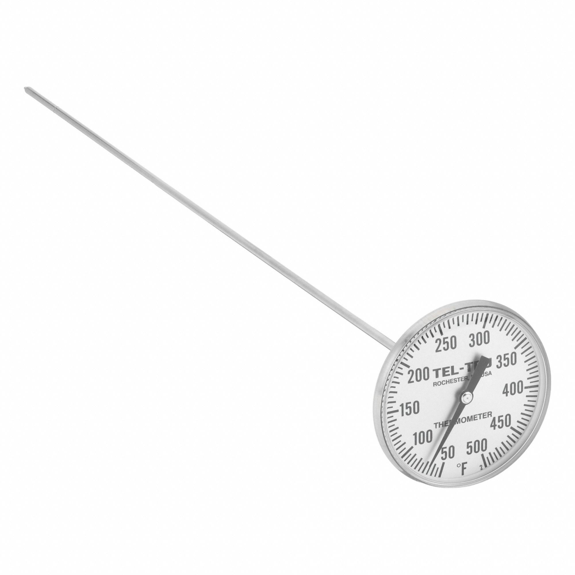 Clip On Thermometer: 50°F to 500°F, +/- 1% Accuracy, 18 in Stem Lg, Fahrenheit