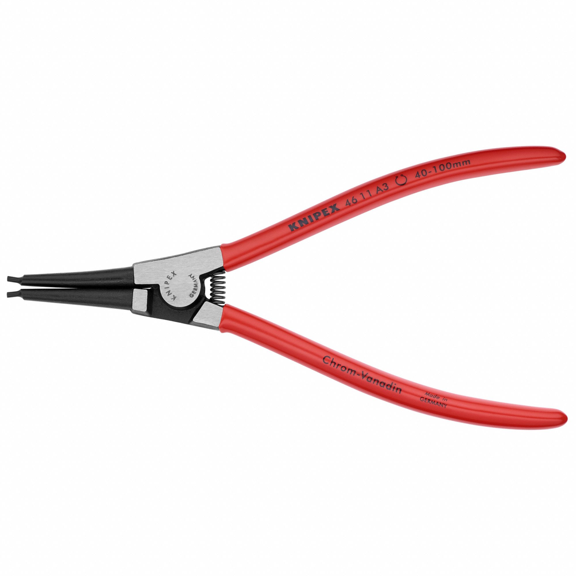 Retaining Ring Plier: External, For 40 mm to 100 mm Shaft Dia, 0.091 in Tip Dia, 8 1/4 in Overall Lg