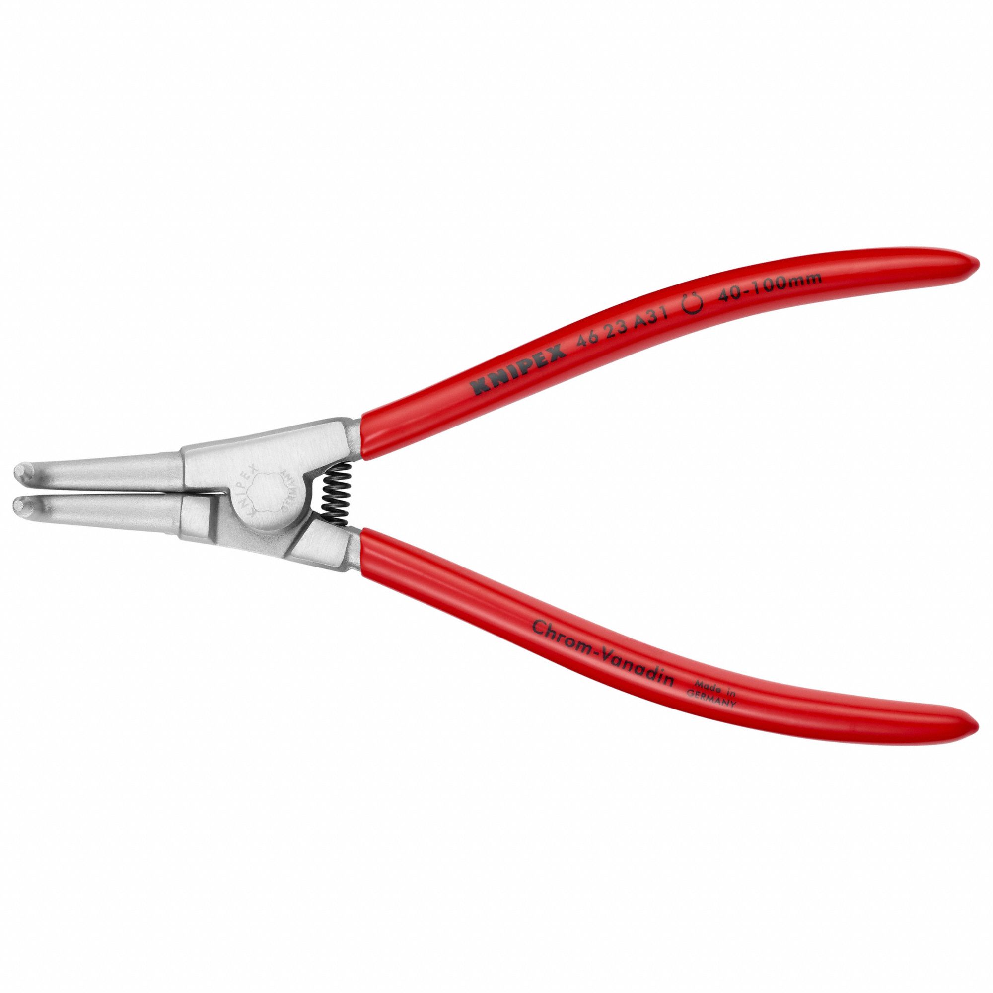 Retaining Ring Plier: External, For 40 mm to 100 mm Shaft Dia, 0.091 in Tip Dia, 7 7/8 in Overall Lg