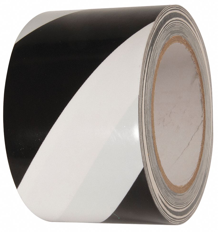 Floor Marking Tape: Gen Purpose, Striped, Black/White, 3 in x 54 ft, 5.5 mil Tape Thick, INCOM