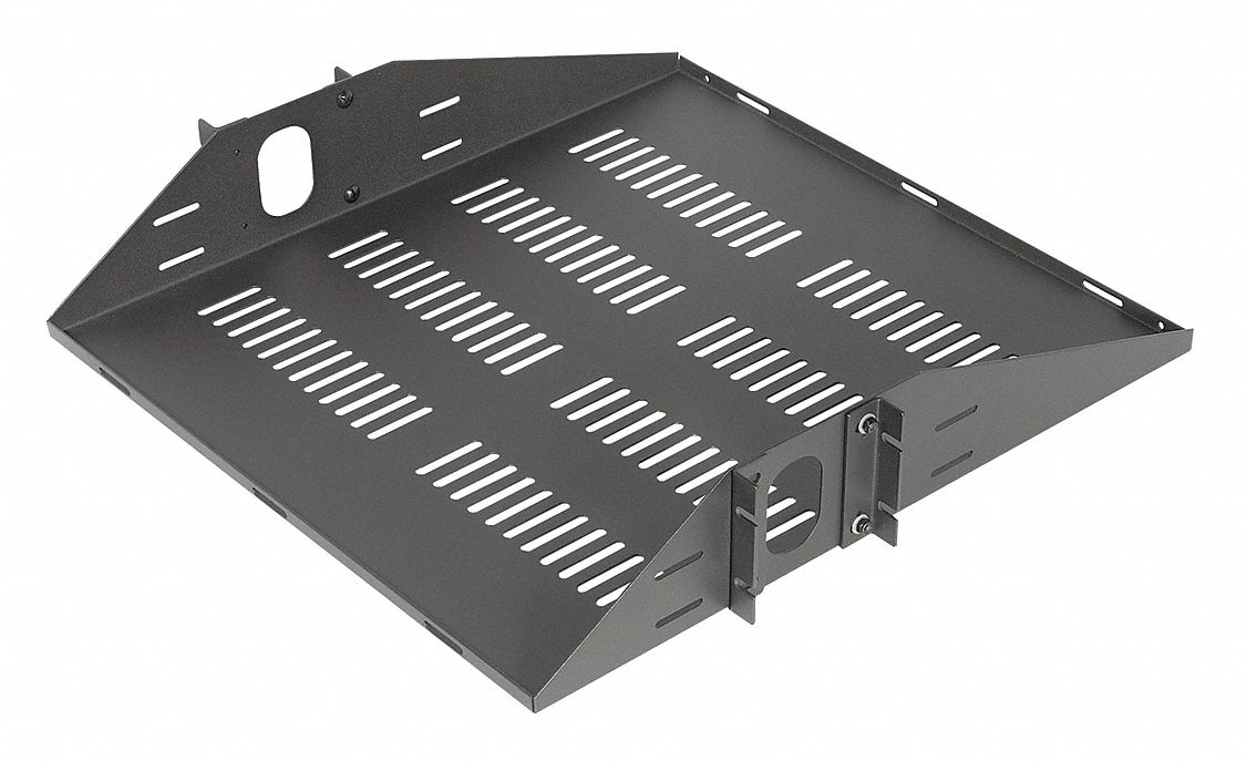 Rack Shelf: 2 u, Center-Weighted/Vented Shelf, 19 in Overall Dp, Black, Steel