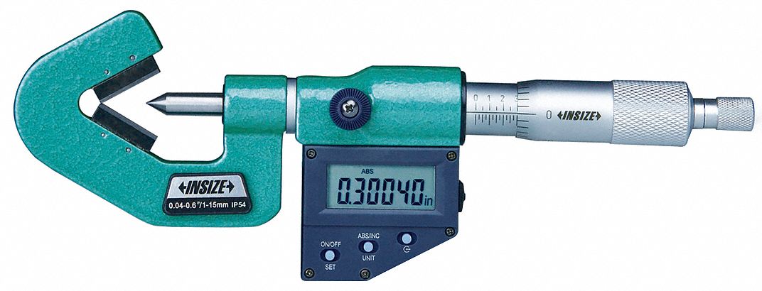 INSIZE, Digital, 0.2 in to 0.8 in/5 to 20 mm Range, Digital V-Anvil ...