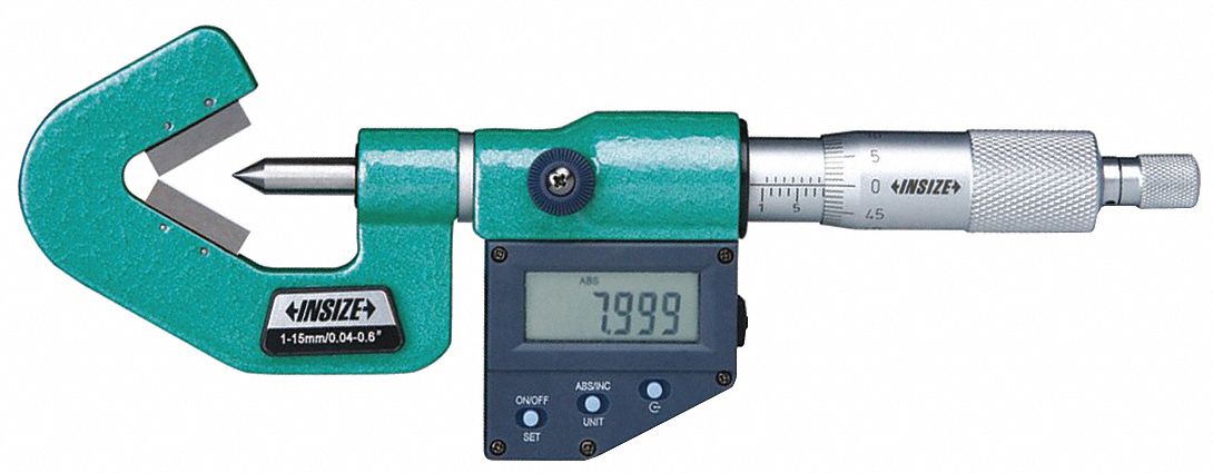 INSIZE, Digital, 1.8 in to 2.6 in/45 to 65 mm Range, Digital V-Anvil ...