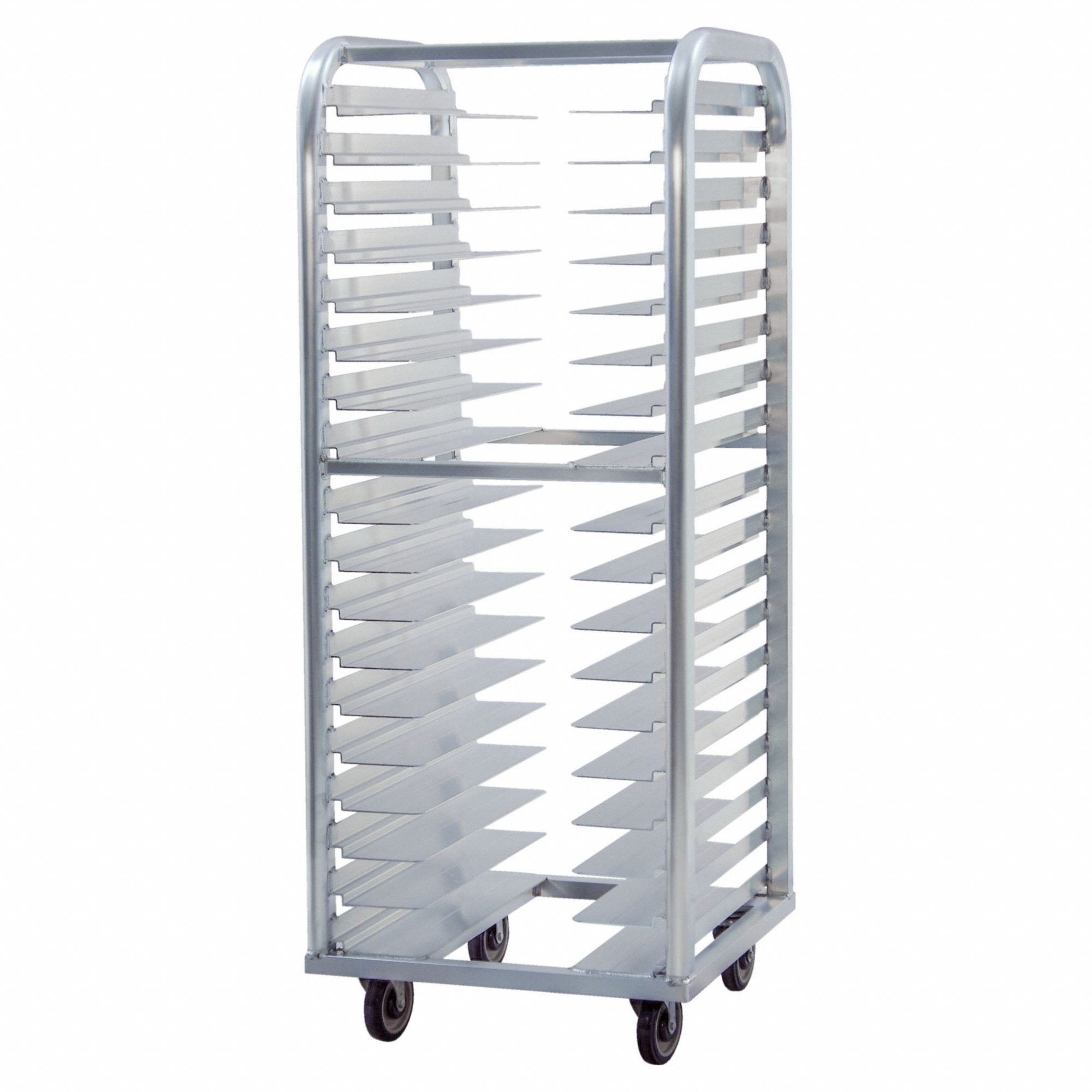 Stepped-Angle Roll-In Pan Rack: 20 Slots, 3 in Betw Shelves, 25 in Wd, 64 in Ht