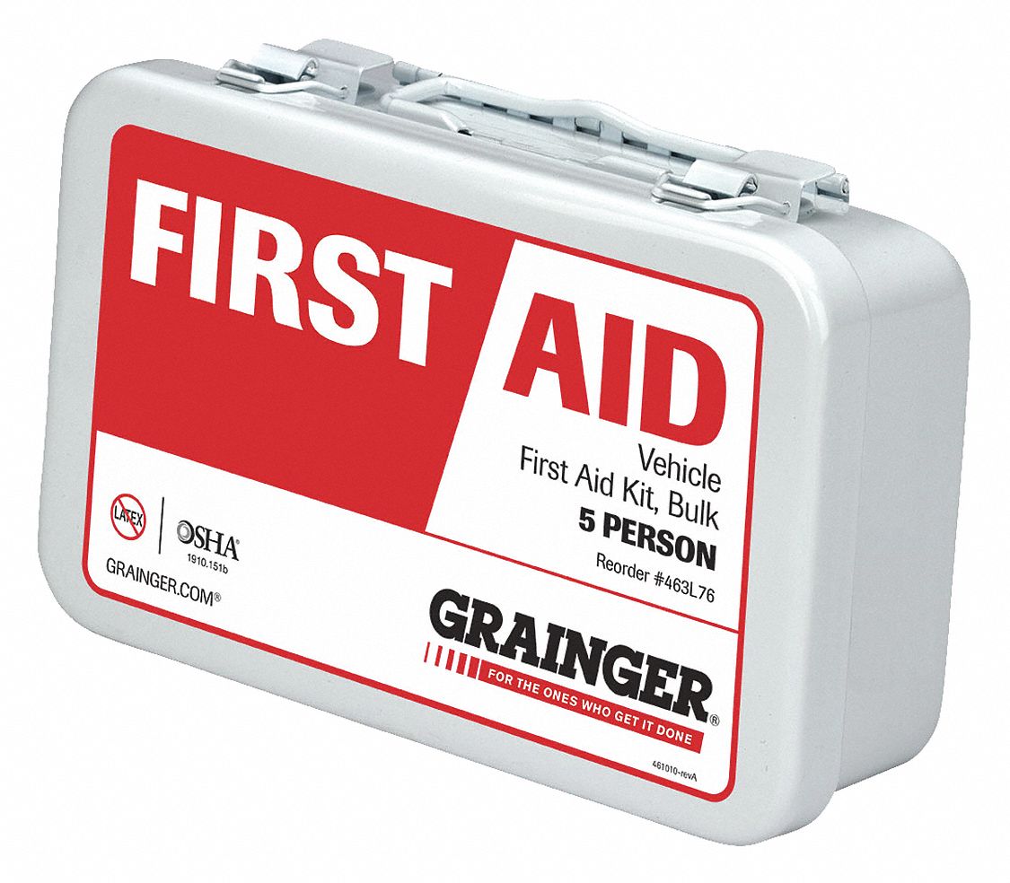 First Aid Kit and Housing: Vehicle, 5 People Served, 61 Components, Metal