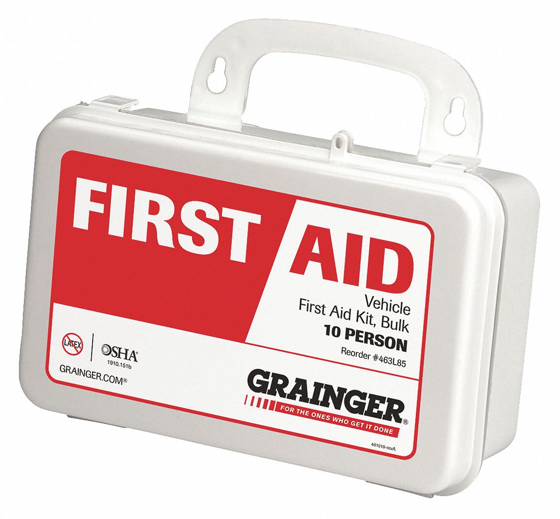 First Aid Kit and Housing: Vehicle, 10 People Served, 63 Components, Plastic