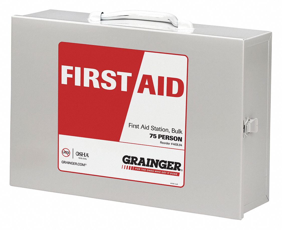 First Aid Kit and Housing: Gen Purpose, 75 People Served, 563 Components, Metal