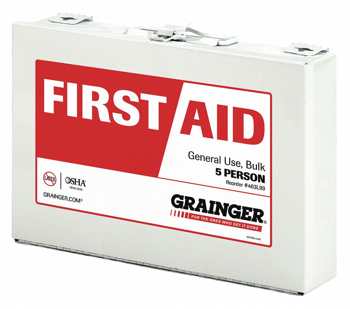 First Aid Kit and Housing: Industrial, 5 People Served, 32 Components, Metal