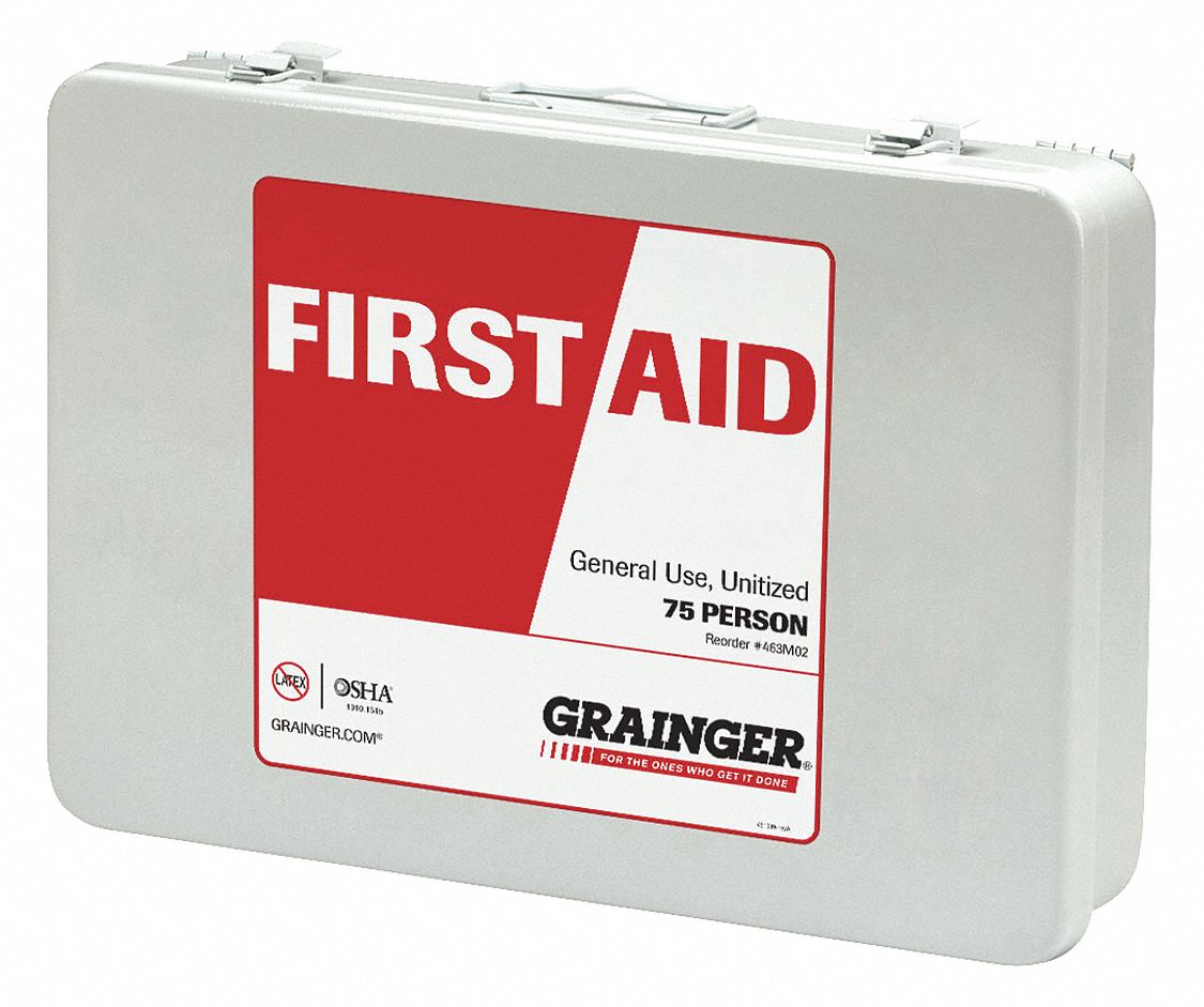 First Aid Kit and Housing: Gen Purpose, 75 People Served, 217 Components, Metal