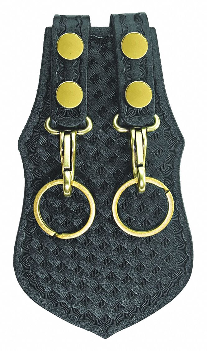 Key Holder: Black, Leather, Basket Weave, 5 in x 115 mm, Snap Closure, For 2 1/4 in Belt Wd