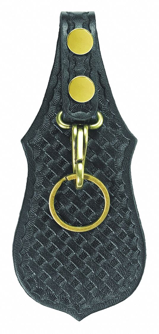 Key Holder: Black, Leather, Basket Weave, 5 in x 78 mm, Snap Closure, For 2 1/4 in Belt Wd