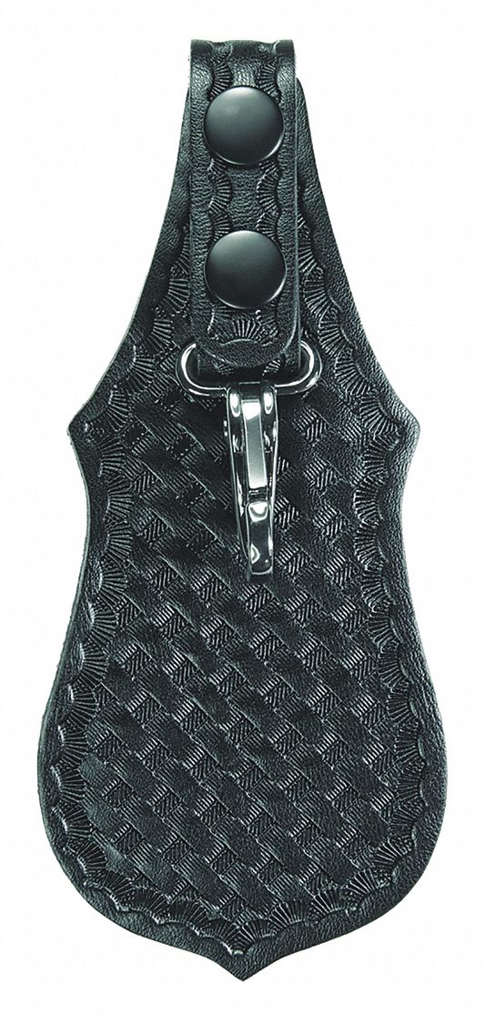 Key Holder: Black, Leather, Basket Weave, 5 in x 78 mm, Snap Closure, For 2 1/4 in Belt Wd