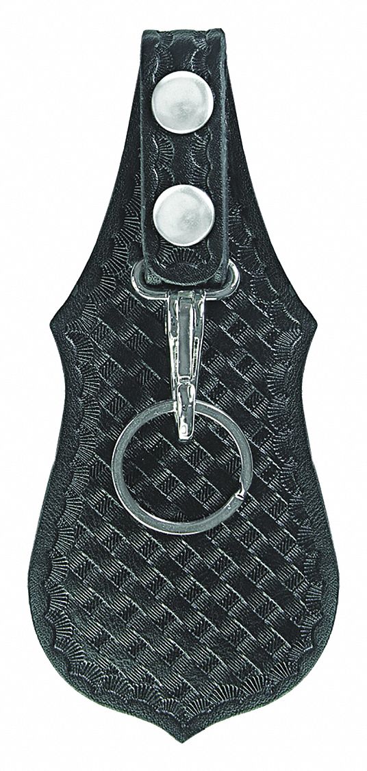 Key Holder: Black, Leather, Basket Weave, 5 in x 78 mm, Snap Closure, For 2 1/4 in Belt Wd