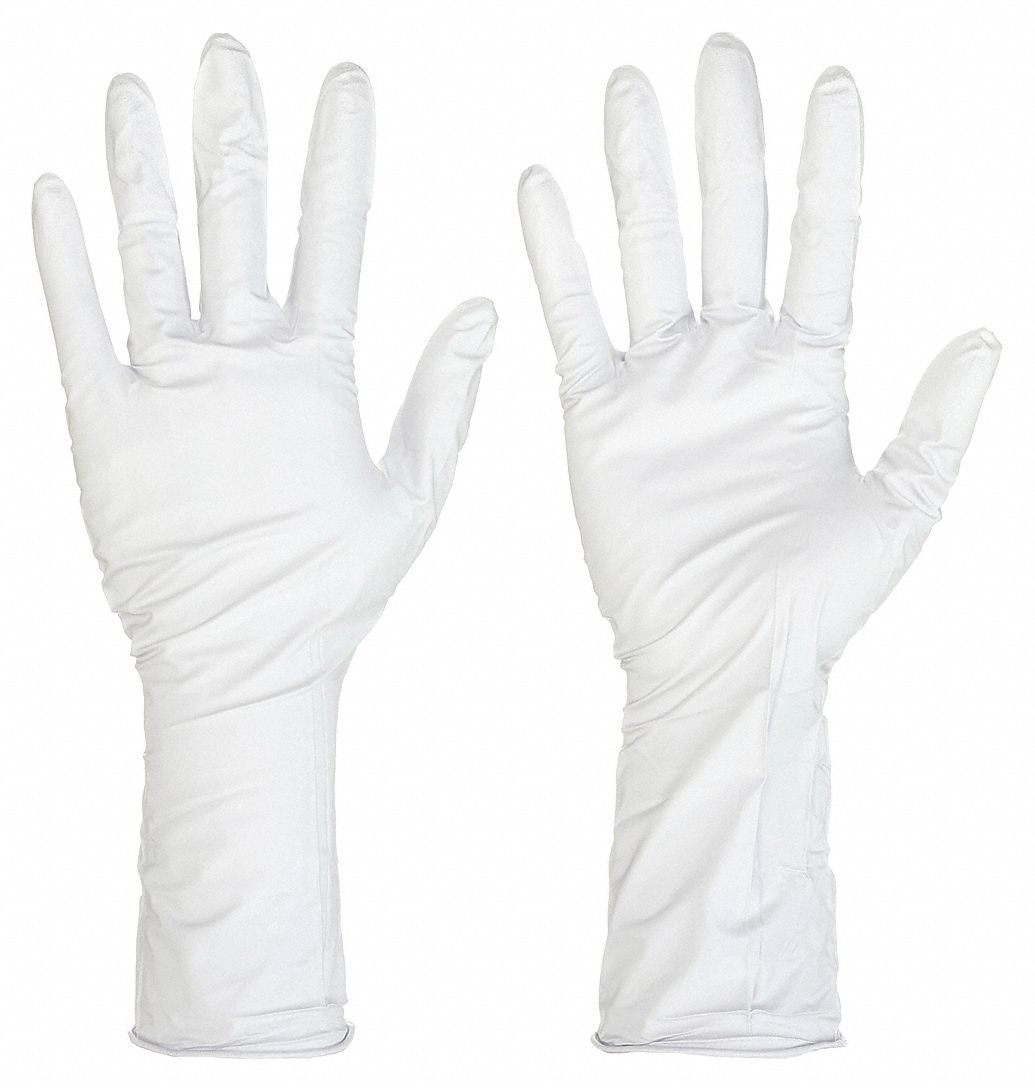 DISPOSABLE GLOVES, 12 IN L/5.5 MIL THICK, SZ 11/2XL, WHITE, NTIRLE, PKG 100