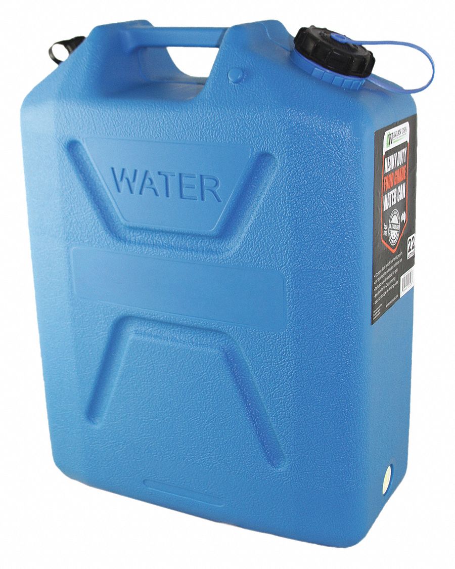 Water Container: 5 gal Capacity, 18 1/4 in Ht, 13 3/4 in Lg, 6 1/4 in Wd, Blue, Plastic