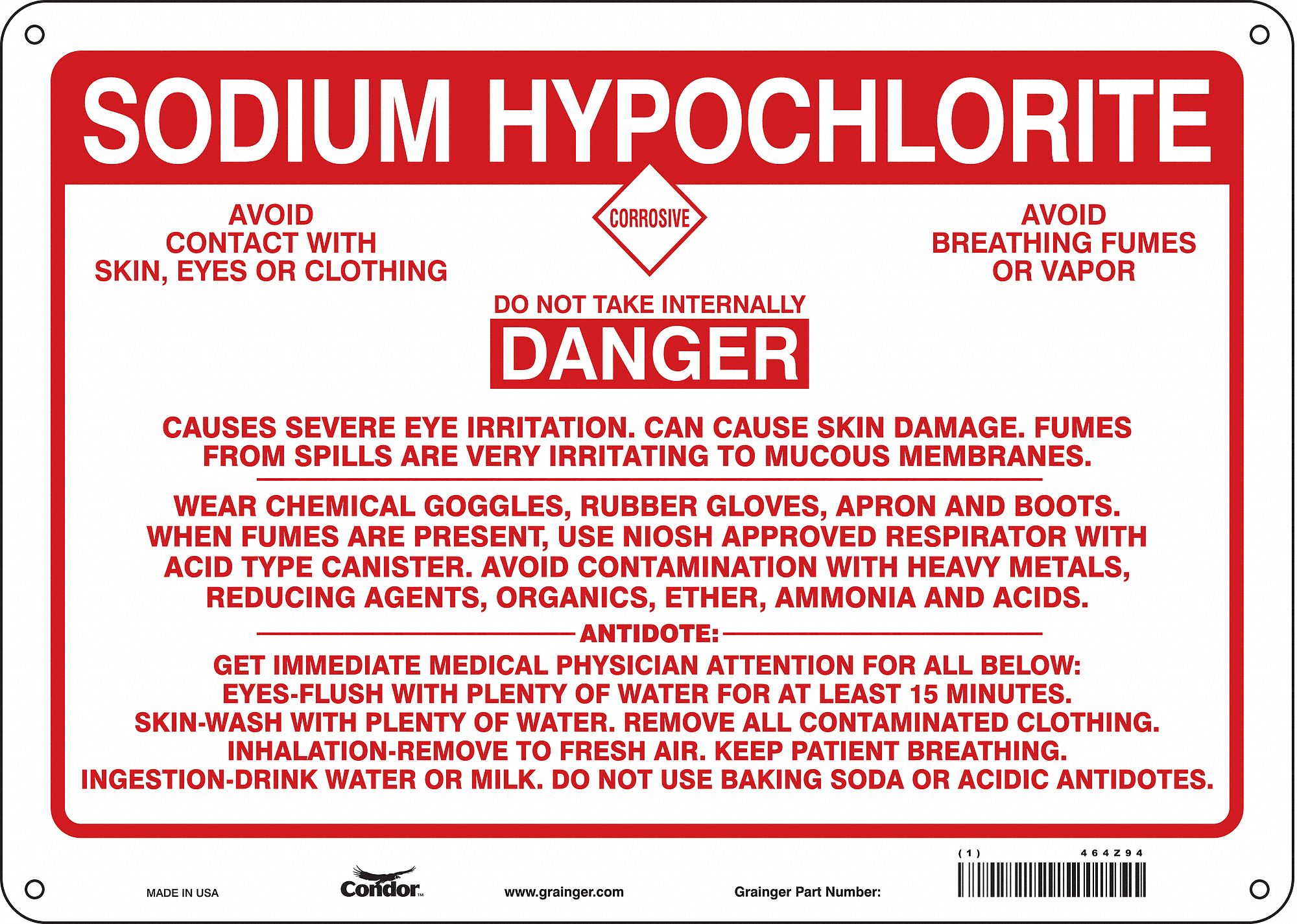 HMIG Label: Sodium Hypochlorite, 10 in Ht, 14 in Wd, 0.05 in Thick, Polyethylene, Rigid, Rectangle