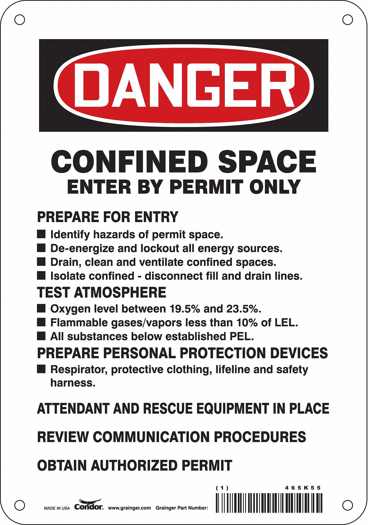 Safety Sign: Polyethylene, Mounting Holes Sign Mounting, 10 in x 7 in Nominal Sign Size