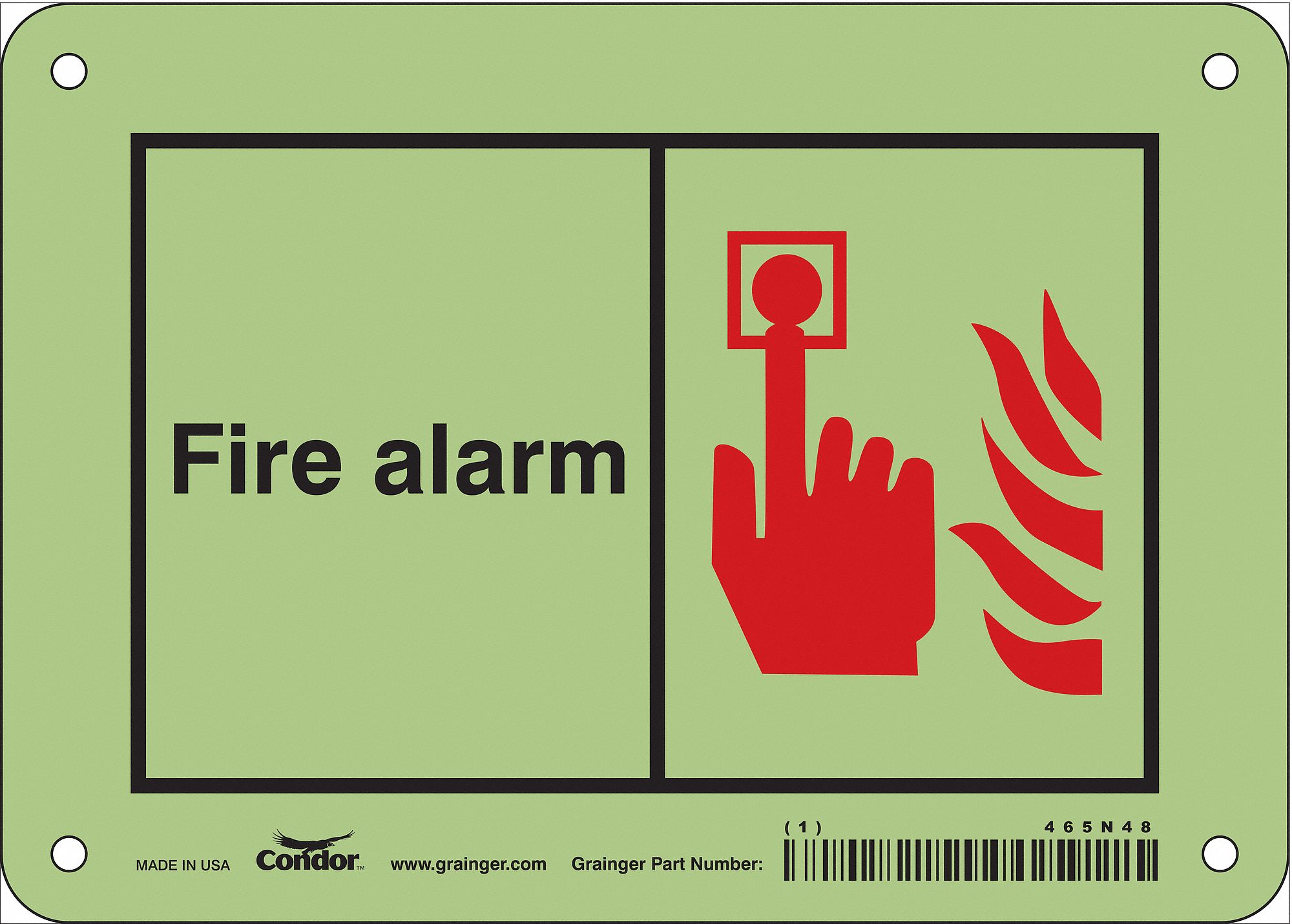 Safety Sign: Polyethylene, Mounting Holes Sign Mounting, 5 in x 7 in Nominal Sign Size, Fire Alarm